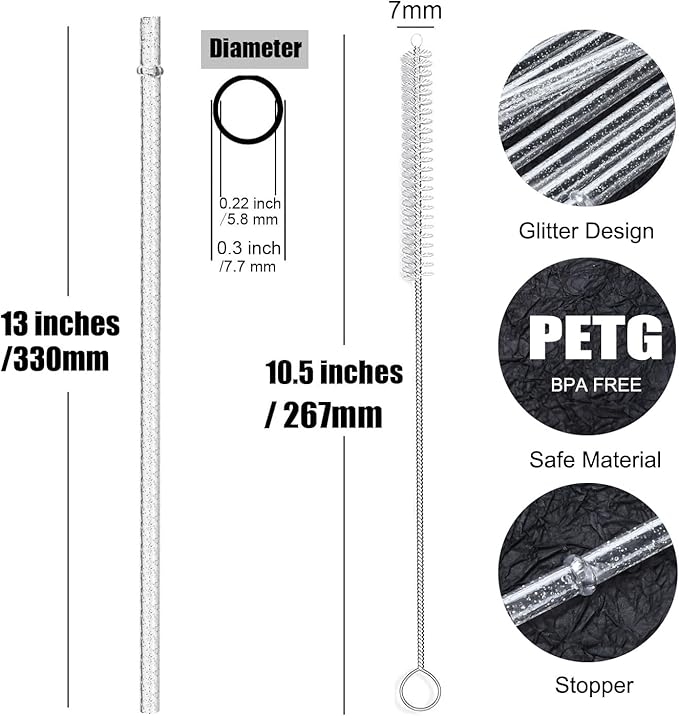 ALINK 12-Pack Reusable Plastic Clear Glitter Straws, 13 in Extra Long Straws for Stanley 40 oz Tumbler, 1 Gallon, 64/32 oz Water Bottles, Plus Brush