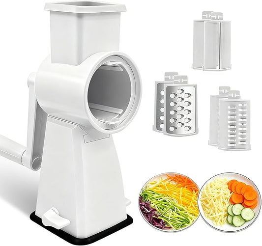 3-in-1 Rotary Cheese Grater Handheld, Lightweight Body with 3 Stainless Steel Blades & Non-Slip Suction Base, for Shredding Parmesan, Slicing Vegetables, Grating Chocolate（White）