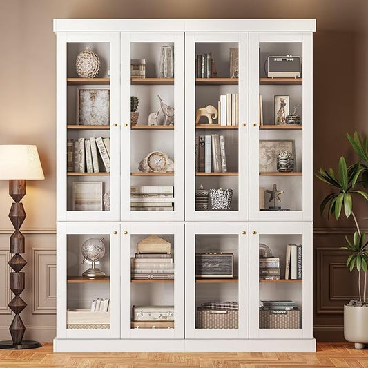 70.8" Bookshelf with Glass Doors, Farmhouse Modular Bookcase with 6-Tier Adjustable Shelves, Large Storage Cabinet for Living Room & Home Office, Set of 2, White