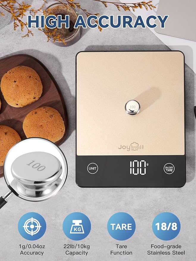 JOYHILL 22lb Food Scale, Digital Kitchen Scale Food Ounces and Grams Premium Stainless Steel Food Weight Scale with LED Display, Batteries Included