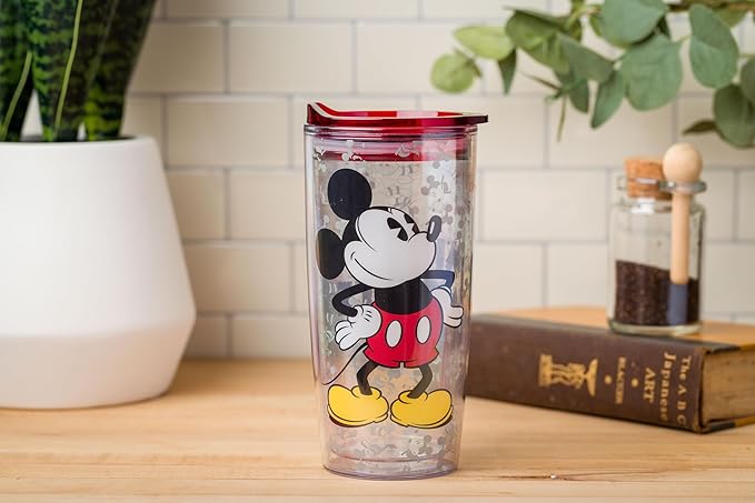 Silver Buffalo Disney Vintage Mickey Mouse Since 1928 Double Wall Travel Tumbler with Slide Close Lid, 20 Ounces