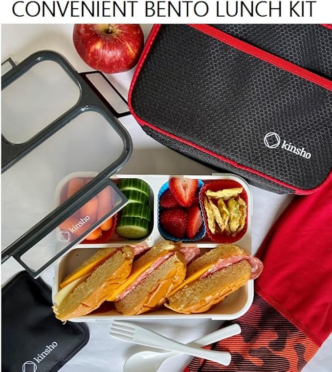 Bento Box with Insulated Lunch Bag and Ice Pack for Kids Container for Adults Snacks and Lunches. 3 Compartments, Leak-Resistant Portion Boxes Japanese Style for School or Work, Black with Red Trim