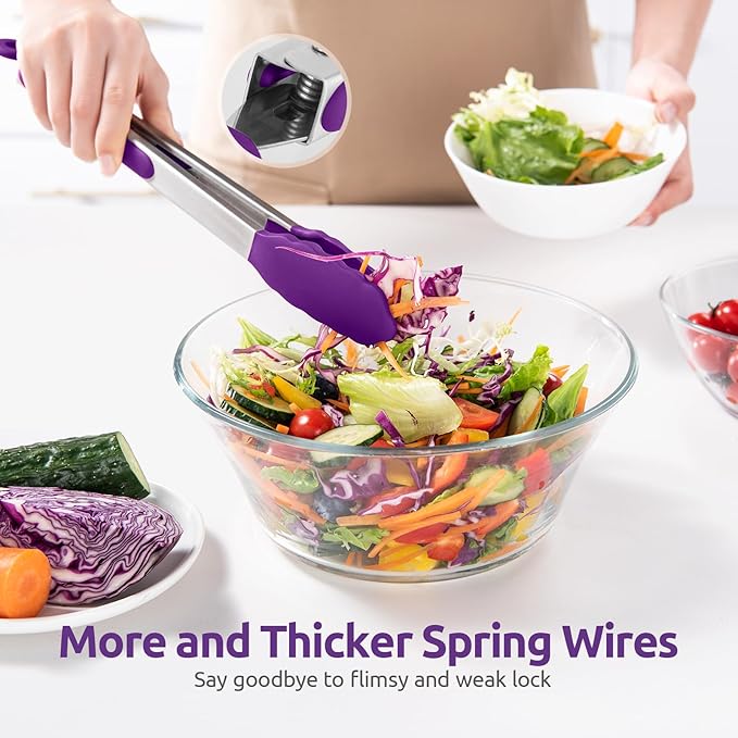 600ºF Heat Resistant Kitchen Tongs: U-Taste 9+12 inch Silicone Cooking Tong Set with Firm Sealed Non Stick Rubber Tips and Silicon Coated 18/8 Stainless Steel Handle for Serving Grilling Salad(Purple)