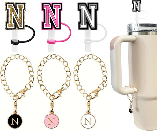 （3 +3) 3PCS Nuozme Straw Cover 10mm For Stanley Tumbler Cup Reusable Straw Cap Topper with 3 Initial Letter Charms Accessories Name ID Personalized Handle Charm For Stanley 30&40 Oz Cup Tumbler