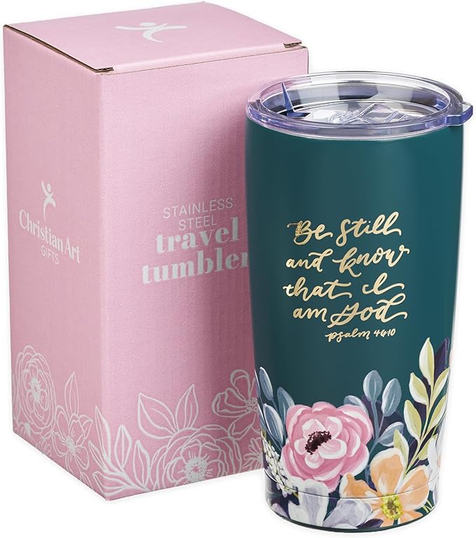 Christian Art Gifts Large Stainless Steel Inspirational Travel Mug Tumbler for Women: Be Still & Know Encouraging Scripture, Vacuum Insulated, Hot/Cold, Retractable Lid, Teal Multicolor Foral, 18 oz.