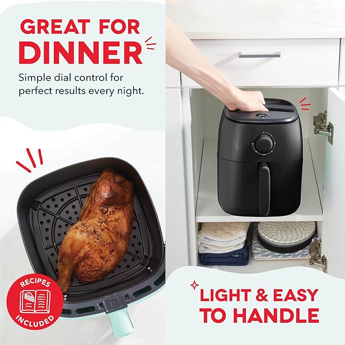 DASH Tasti-Crisp™ Electric Air Fryer Oven, 2.6 Qt., Black – Compact Air Fryer for Healthier Food in Minutes, Ideal for Small Spaces - Auto Shut Off, Analog, 1000-Watt