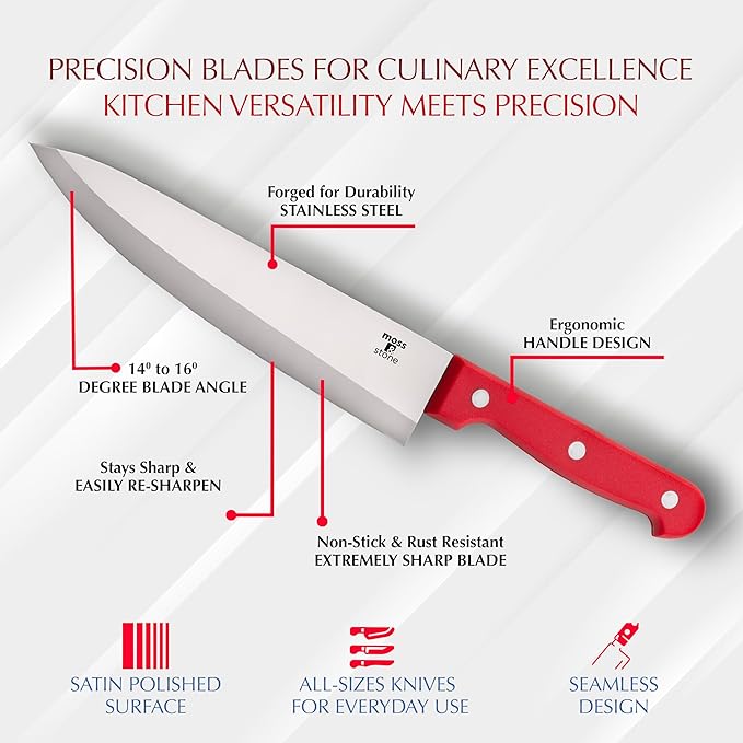 Moss & Stone 14 Pcs Knife Block Set Stainless Steel, Premium Forged Kitchen Knives Set with High-Carbon Blades, Ergonomic Handle, Sharp Blade, Rust Resistant, Modern Style for Home & Chef, Red