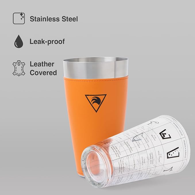 Glass Boston Cocktail Shaker - 15 oz & 27 oz - 28x10cm - Orange Leather Cover - Image 3