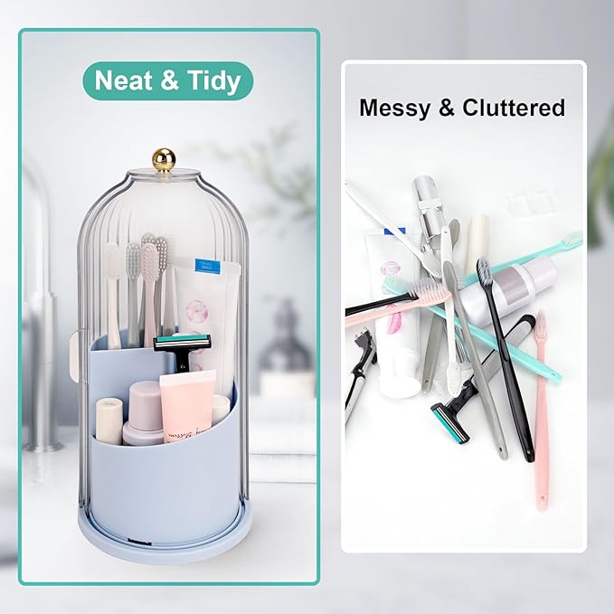 Toothbrush Holders with Sliding Lid, Rotating 3 Slots Bathroom Organizer Countertop, Tooth Brush Toothpaste Holder Bathroom Counter Stand Sink Organizer Caddy for Makeup Brushes Holder (Blue)