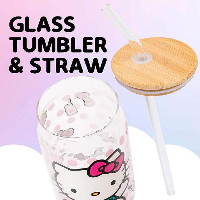 Silver Buffalo Sanrio Hello Kitty Strawberry Milk Bow Pink Polka Dot Glass Jar Tumbler with Bamboo Lid and Glass Straw, 16 Ounces