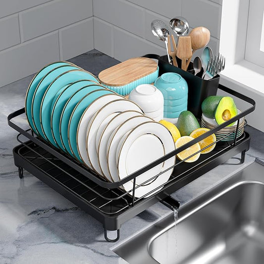 Stainless Steel Dish Drying Rack for Kitchen Counter, Sink Organization and Storage Essentials with Silverware & Utensil Holder, Home and Apartment Decor, 12.5''W x 16.5'L, Black