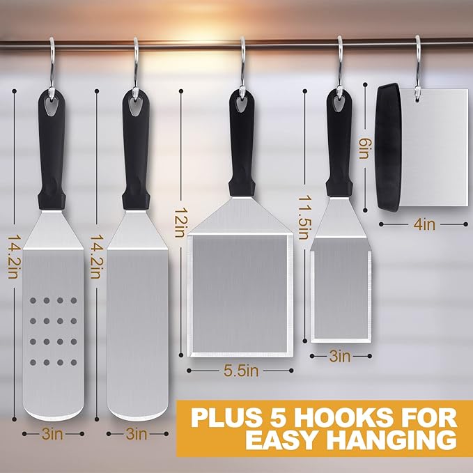 HaSteeL Griddle Accessories Kit of 5, Heavy Duty Metal Spatula, Professional Stainless Steel Flat Top Griddle Tools Set, Pancake Flipper/Griddle Scraper/Hamburger Turner for BBQ Grilling Cast Iron