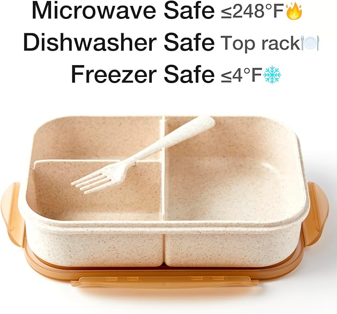 SEVENY Bento Box for Adults,Natural Wheat Fiber Material Lunch Box for Office Ladies,BPA-Free,Reusable Meal Prep Container for Body Builders, Beige