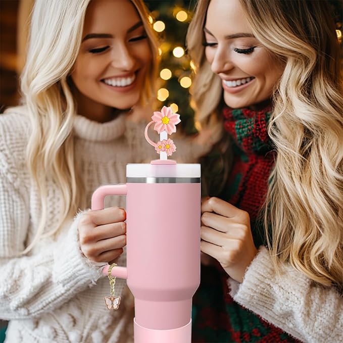 Stanley Cup Accessories Set,Including 2 Pcs 0.4in Straw Cover, 1 Silicone Spill-Proof Stopper Set of 3, 1 Cute Butterfly Handle Charm, 1 Silicone Boot Fits Stanley 40&30 Oz Tumbler (Pink)