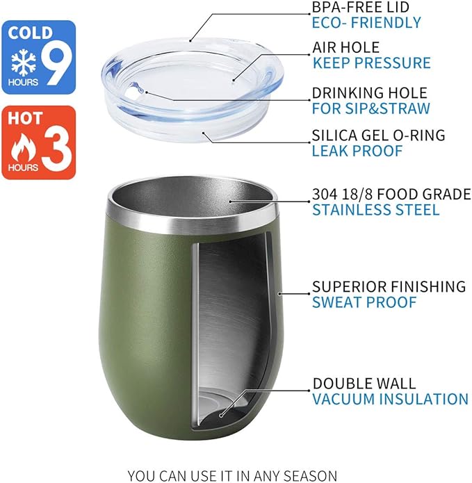 HASLE OUTFITTERS 12oz Wine Tumbler with Lid Stemless Wine Glasses Double Wall Vacuum Travel Mugs stainless steel Coffee Cup for Cold & Hot Drinks Wine Coffee Cocktails Beer 1 Pack Army Green