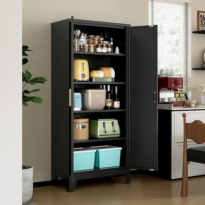 71" Tall Metal Storage Cabinet with 2 Doors and 4 Adjustable Shelves, 5-Tier Kitchen Pantry Storage Cabinet for Kitchen, Living Room, Dining Room and Office, Black