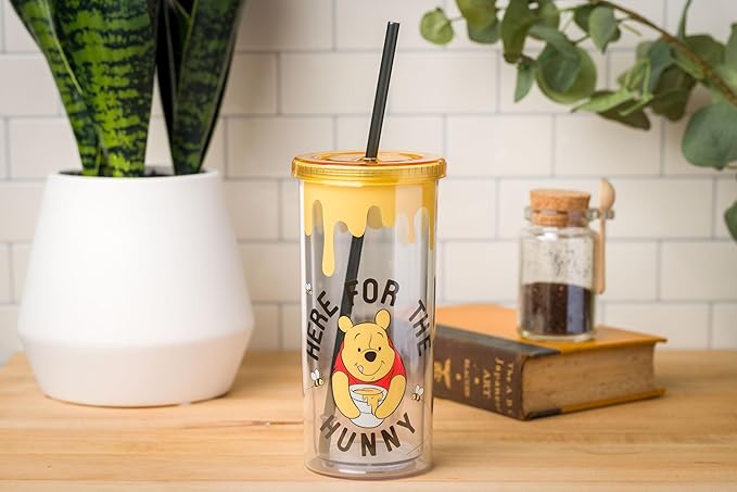 Silver Buffalo Winnie the Pooh Here for Hunny Plastic Tall Cold Cup with Lid and Straw, 20 Ounces