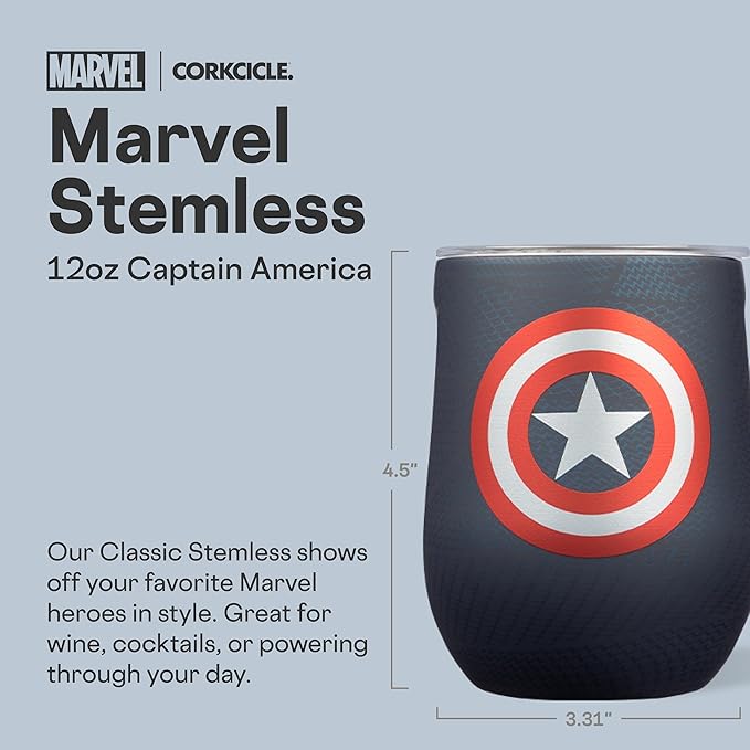 Corkcicle Stemless Insulated Wine Glass Tumbler - Keeps Beverages Cold 6 Hours & Hot 3 Hours - Stainless Steel - Easy-Grip - Summer Drinkware Gift - Keeps Drinks Ice Cold - 12 oz - Captain America