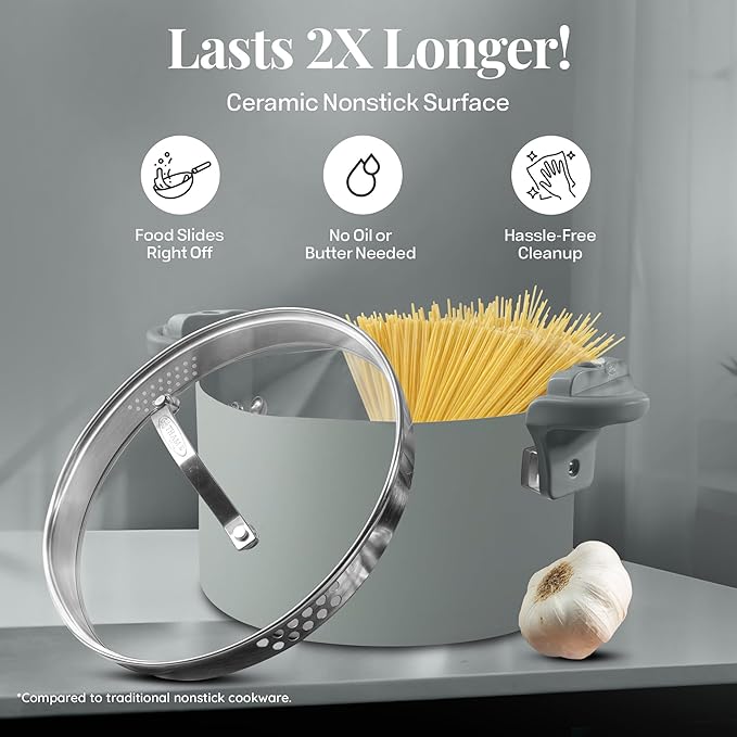 Gotham Steel 5 Quart Stock Pot Multipurpose Pasta Pot with Strainer Lid & Twist and Lock Handles, Ceramic Nonstick Cooking Pots + Pasta Strainer Lid, Spaghetti Pot, Dishwasher Safe