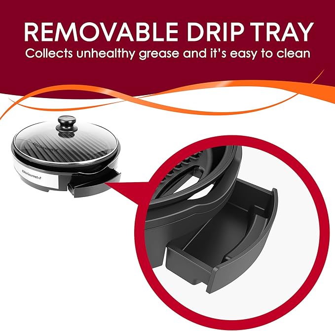 Elite Gourmet EMG6505G 12" Smokeless Indoor Electric BBQ Grill with Glass Lid Dishwasher Safe, Nonstick, Adjustable Temperature, Fast Heat Up, Low-Fat Meals Easy to Clean Design