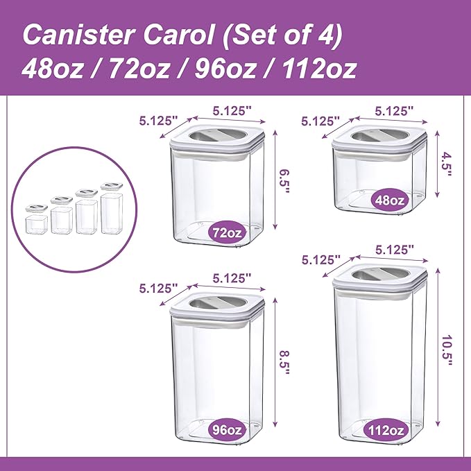 Amazing Abby - Carol - Acrylic Canister (4-Piece Set), 48/72/96/112-Ounce Capacity, Plastic Airtight Food Container, Stackable, BPA-Free, Shatter-Proof, Perfect for Home and Commercial Use