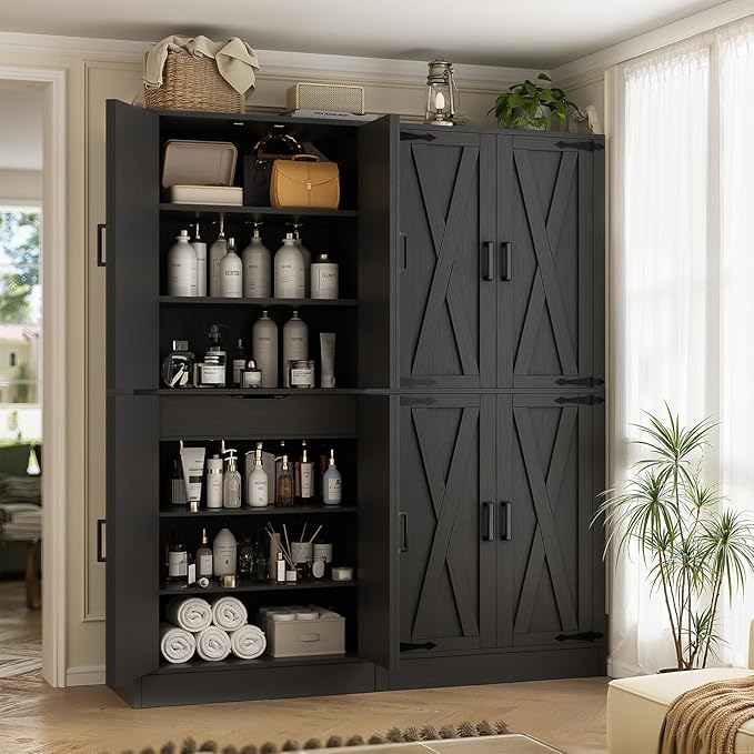 Unikito Kitchen Pantry Cabinet with Farmhouse Barn Doors and Storage Drawer, 8 Adjustable Shelves, Freestanding Tall 71" Cupboard for Dining Room, Living Room, Utility Room, Black 2 Pack
