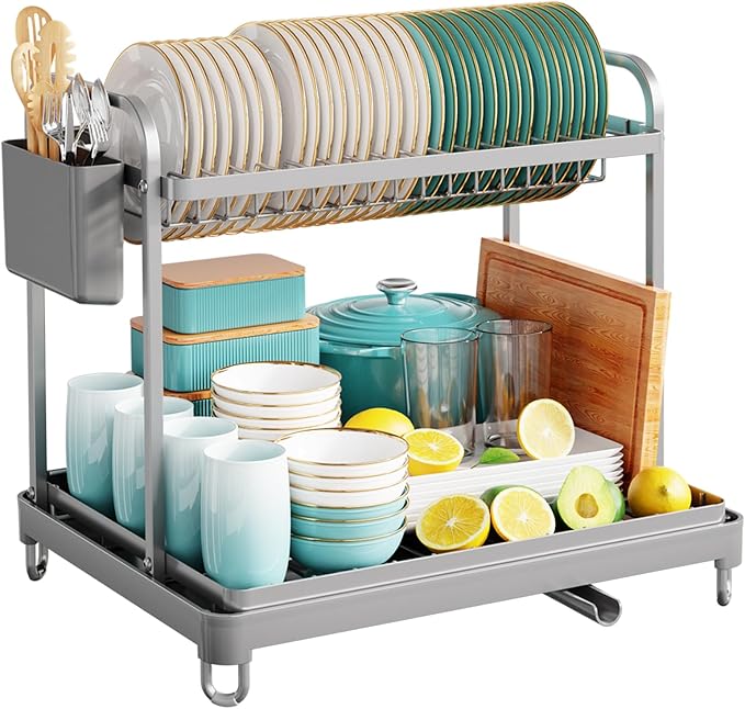 2-Tier Dish Drying Rack - Stainless Steel Dish Rack with Cutlery & Utensil Holders for Kitchen Counter, Sink Organization and Storage Essentials, Home Decor, 16.7" W x 12.7" L x 15.8" H, Gray
