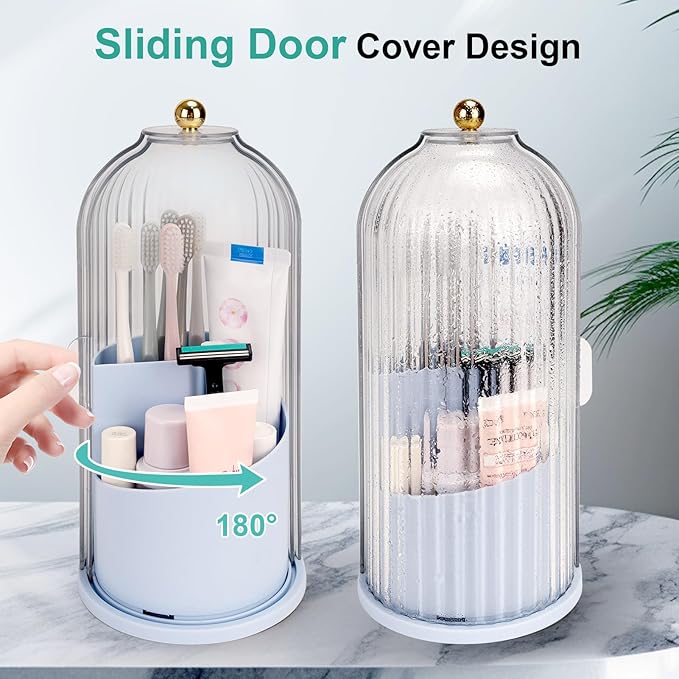 Toothbrush Holders with Sliding Lid, Rotating 3 Slots Bathroom Organizer Countertop, Tooth Brush Toothpaste Holder Bathroom Counter Stand Sink Organizer Caddy for Makeup Brushes Holder (Blue)