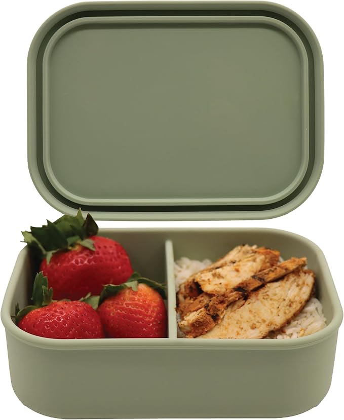 Silicone Bento Box, 2 Compartments, BPA-Free, Leak-Resistant, Dishwasher and Microwave Safe, Perfect for Work, Travel & Meal Prep, (Green)