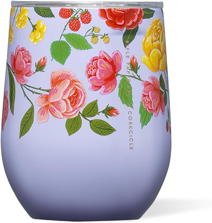 Corkcicle Stemless Insulated Wine Glass Tumbler - Keeps Beverages Cold 6 Hrs Hot 3 Hrs - Stainless Steel - Easy-Grip - Gift for Mom - Great for Mother's Day or Christmas - 12 oz - Roses Purple