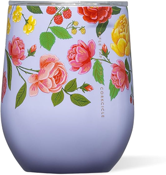 Corkcicle Stemless Insulated Wine Glass Tumbler - Keeps Beverages Cold 6 Hrs Hot 3 Hrs - Stainless Steel - Easy-Grip - Gift for Mom - Great for Mother's Day or Christmas - 12 oz - Roses Purple