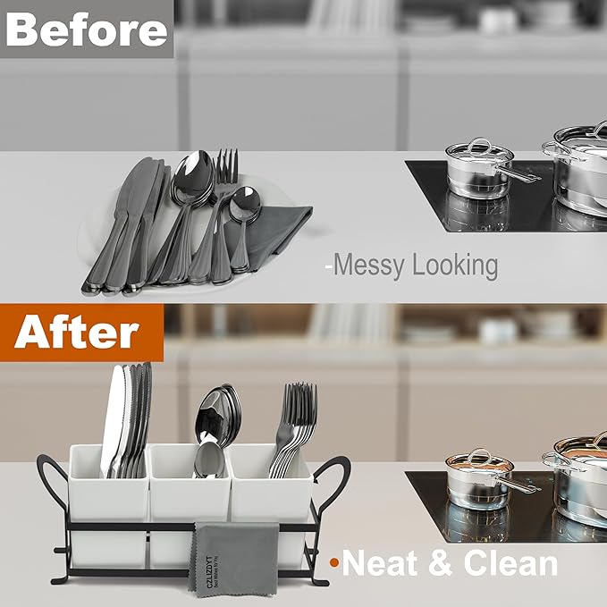 Cutlery Holder with Drain Holes, Silverware Caddy for Party Countertop, 3pcs Bins Set Utensil Holders for Spoon and Fork, White