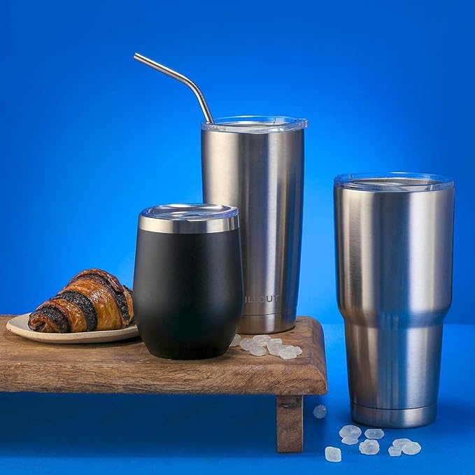CHILLOUT LIFE 12 oz Stainless Steel Wine Tumblers 4 Pack - Double Wall Vacuum Insulated Wine Cups with Lids and Straws Set for Coffee, Wine, Cocktails - Powder Coated Black