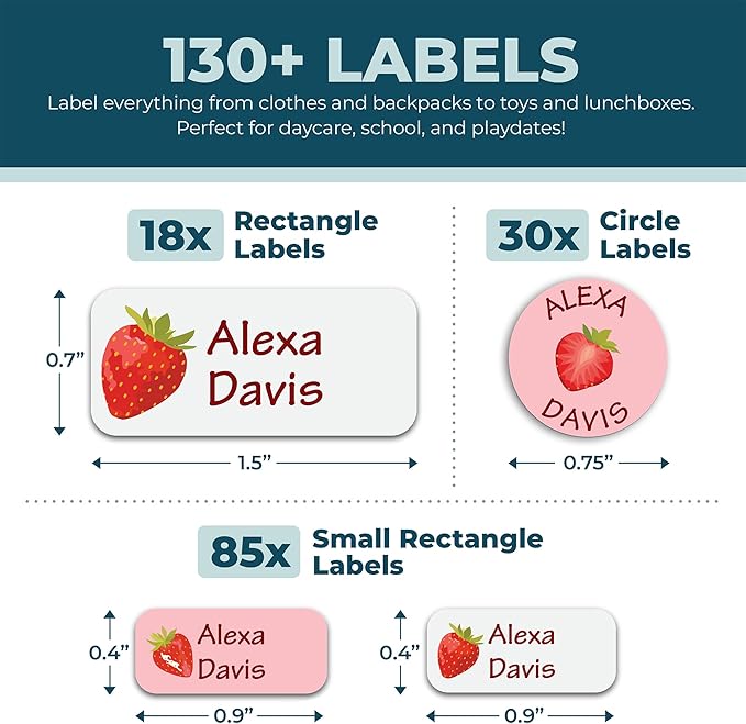 Personalized Daycare Name Labels for Kids (130 Labels) - Custom Waterproof Name Stickers for Clothing Tags, Water Bottles, Lunch Boxes and School Supplies (Strawberry)