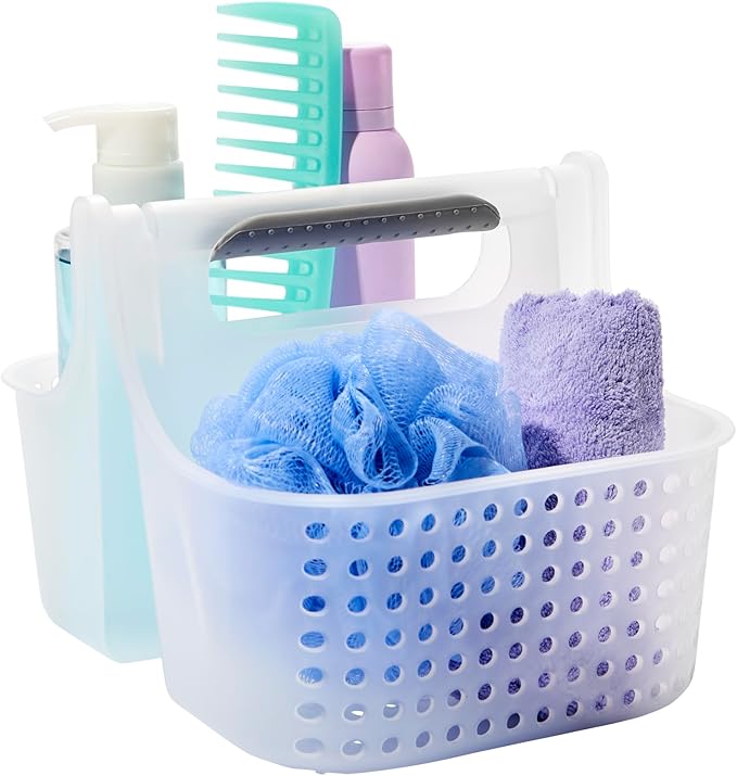Madesmart 2-Compartment Soft Grip Shower Tote for Bathroom Organization, Plastic Storage Shower Caddy Bucket, Small, Frost