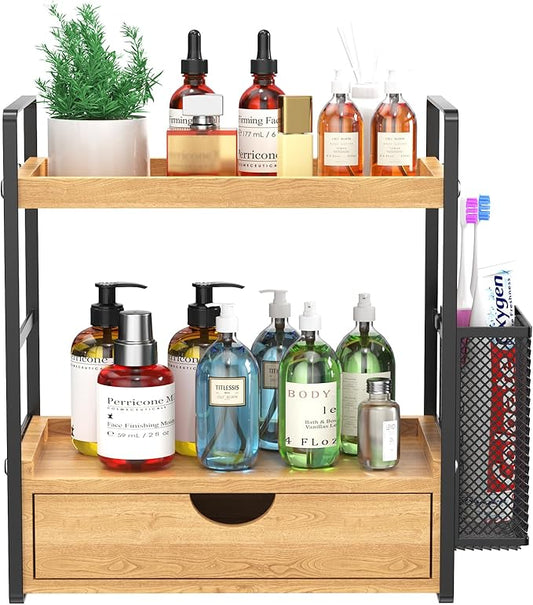 LEMIKKLE 2-Tier Bathroom Organizer with Drawers and Baskets, Multi-Purpose Makeup Organizer Countertop, Large Skincare Organizers, Exquisite Vanity Organizer,Wood