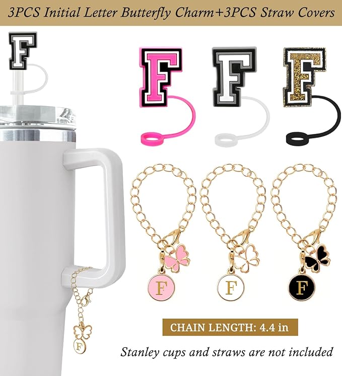 （3 +3) Nuozme Straw Cover Compatible with Stanley Tumbler Cup 3PCS Letter Straw Caps Toppers with 3 Initial Butterfly Charms Name ID For Stanley 30&40 Oz Cup