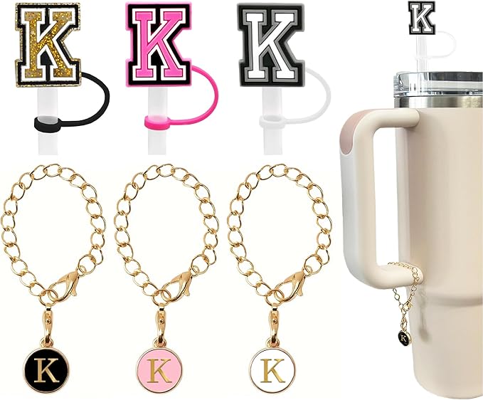 （3 +3) 3PCS Nuozme Straw Cover 10mm For Stanley Tumbler Cup Reusable Straw Cap Topper with 3 Initial Letter Charms Accessories Name ID Personalized Handle Charm For Stanley 30&40 Oz Cup Tumbler