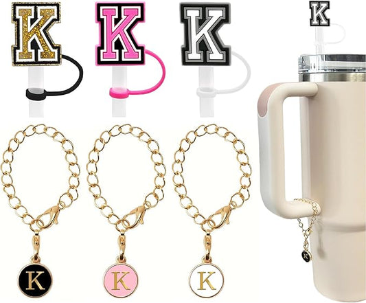 （3 +3) 3PCS Nuozme Straw Cover 10mm For Stanley Tumbler Cup Reusable Straw Cap Topper with 3 Initial Letter Charms Accessories Name ID Personalized Handle Charm For Stanley 30&40 Oz Cup Tumbler