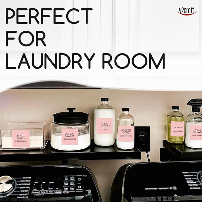 144 PCS Minimalist Laundry Room Labels Set, v2croft Water Resistant Stickers,Water/Oil Resistant Stickers for Laundry Room, Linen Closet Home Bathroom and The Beauty Organization（Light Pink
