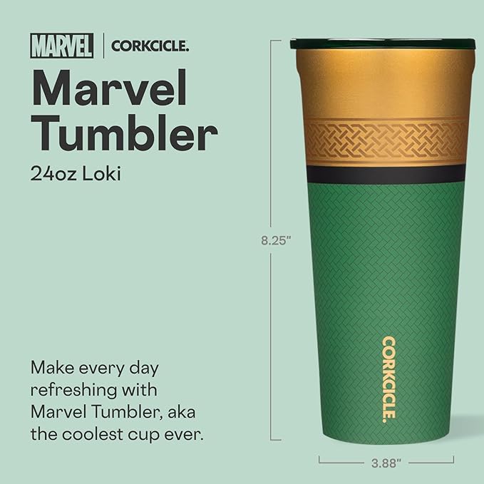 Corkcicle Disney Tumbler - Triple-Insulated Stainless Steel - Keeps Drinks Cold 9 Hours - Spill-Proof Lid - Reusable - Summer Drinkware Gift - Keeps Drinks Ice Cold - 24 oz - Loki