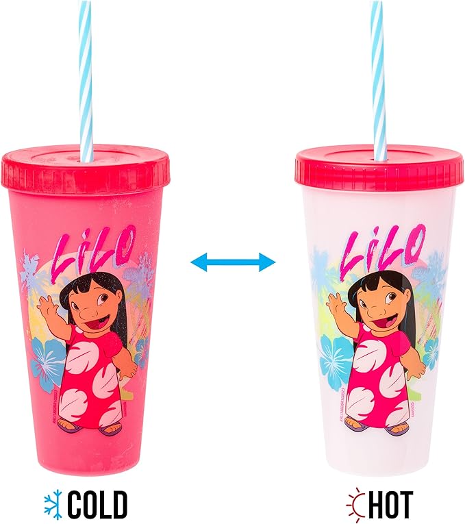 Silver Buffalo Disney Lilo and Stitch Tropical Character Poses 4 Pack Color Changing Plastic Tumbler with Lid and Reusable Straw, 24 Ounce