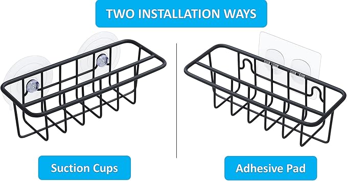 Sink Caddy Sponge Holder for Kitchen Sink Dish Cloth Hanger 2 Suspension Options(Suction Cups and Adhesive Hook), SUS304 Stainless Steel, Black