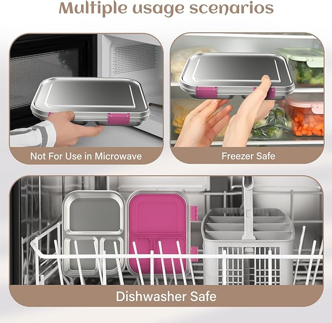 Stainless Steel Bento Box Kids, 3 Compartments Leak Proof Metal Bento Lunch Box, 304 Stainless Steel Bento Lunch Containers for School and Office,Dishwasher Safe, BPA-Free-Pink