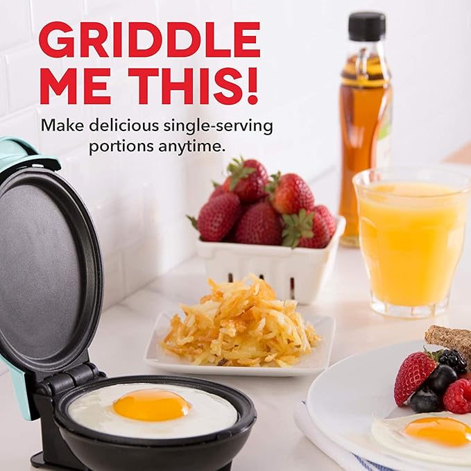 DASH Mini Maker Electric Round Griddle for Individual Pancakes, Cookies, Eggs & other on the go Breakfast, Lunch & Snacks with Indicator Light + Included Recipe Book - Aqua,4 Inch