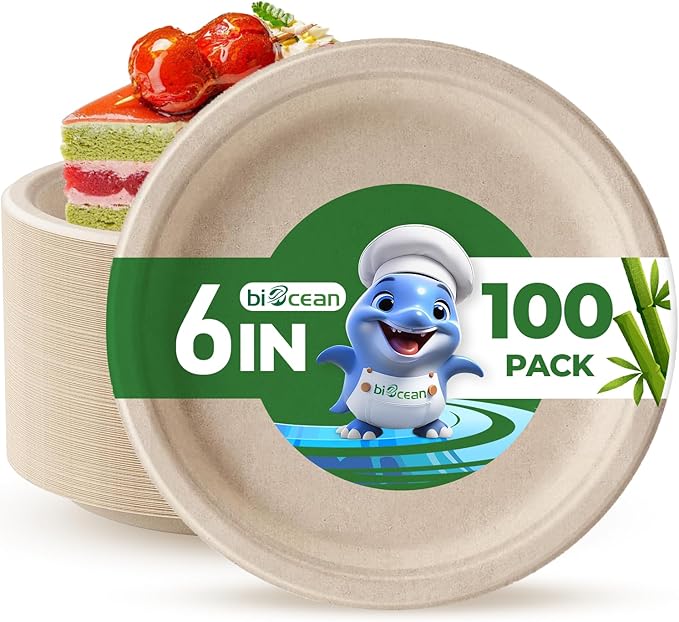 6 Inch Compostable Plates 100 Pack Heavy Duty Compostable Paper Plate, Disposable Eco-Friendly Sugarcane Bagasse Plate, Natural Brown Plates for Dinner, Dessert, and Weddings