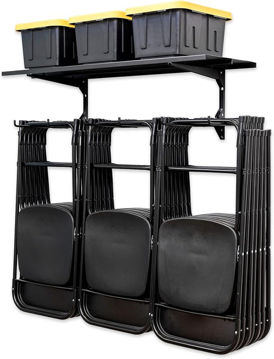 StoreYourBoard Chair Storage Rack with Storage Shelf – Folding Chair Rack for Home & Garage Organization, Chair Hangers for Folding, Beach, Patio & Camping Chairs, Heavy Duty Steel, Holds 300 lbs
