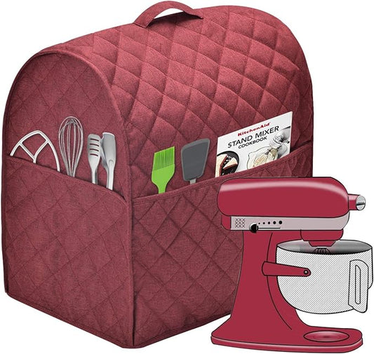 Stand Mixer Dust Cover with 3 Pockets Compatible with KitchenAid Tilt Head, Easy Cleaning,Can Ironable (Red Wine, Fits for 6-8 Quart)