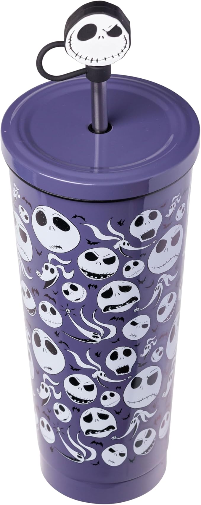 Silver Buffalo Disney Tim Burton's Nightmare Before Christmas Featuring Jack Skellington, Zero, and Bats Stainless Steel Tumbler with Straw and Cover Cap to Prevent From Spilling, 24 Ounces
