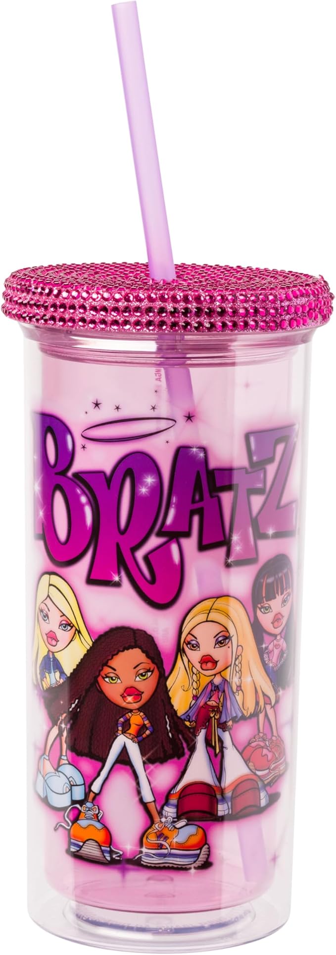 Silver Buffalo Bratz Featuring Cloe, Yasmin, Jade, and Sasha Plastic Tall Cold Cup with Rhinestones Lid and Straw, 20 Ounces